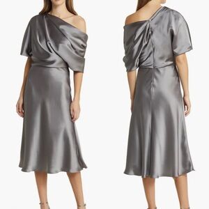 NWOT Amsale The Slouch Draped Satin One-Shoulder Midi Dress sz 2